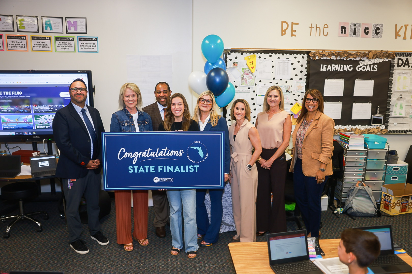 In photo (l-r): Carlos Villa; Suzanne Wilkinson; FDOE Public Schools Chancellor Dr. Paul Burns; Sam Nelson; FSUS Executive Director Dr. Stacy Chambers; Shannon Smith with Florida Prepaid; FDOE Deputy chancellor for Educator Quality Dr. Sunny Chancy; State Board of Education member Monesia Brown. 